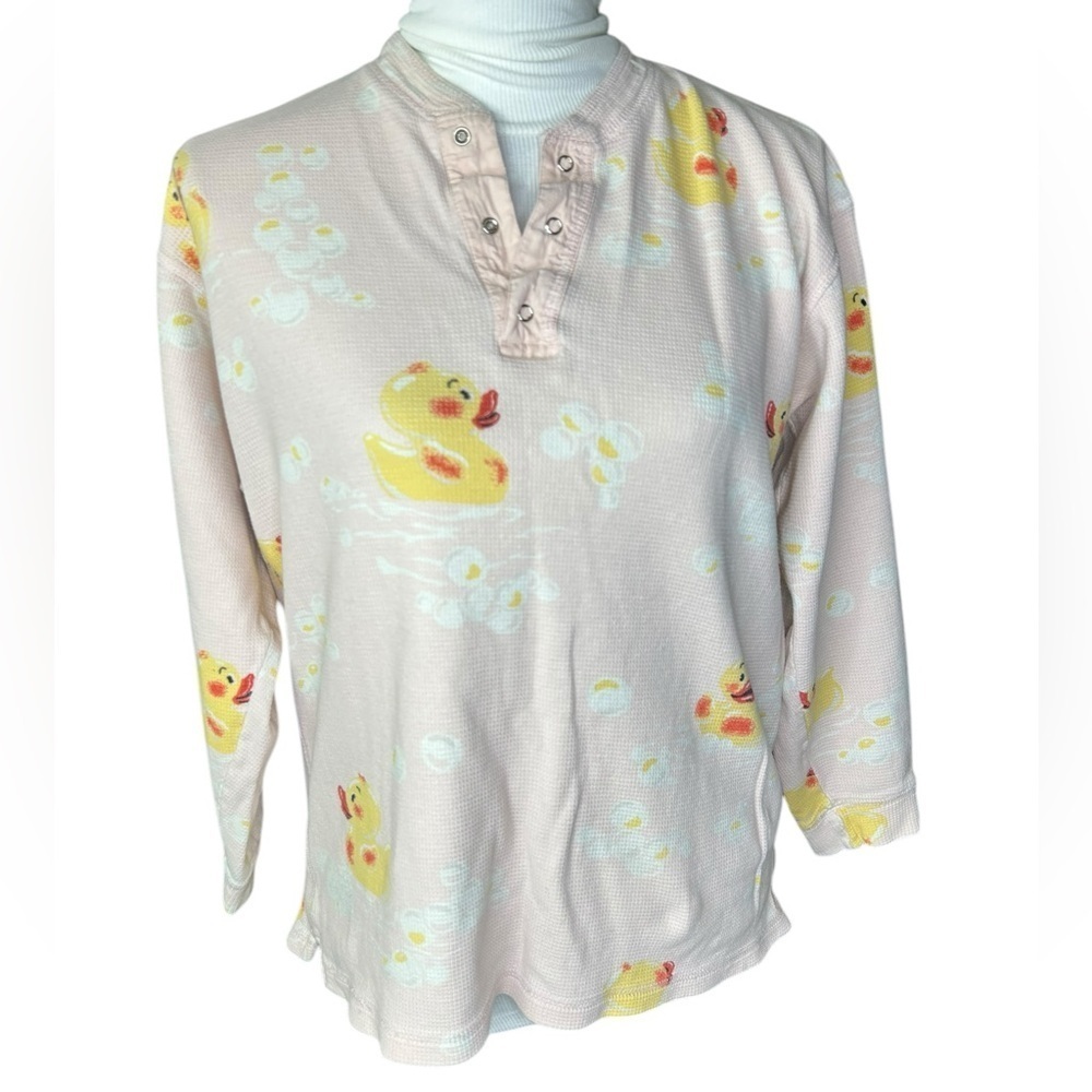 NICK & NORA Waffle Sleep Shirt Womens Small Rubber Ducks Bubbles Pajama Top Pink